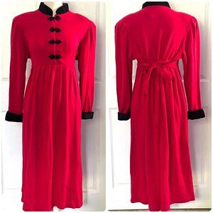 Vintage California Gold Rush Red Black Trim Pleated Midi Dress Womens sz M 80s